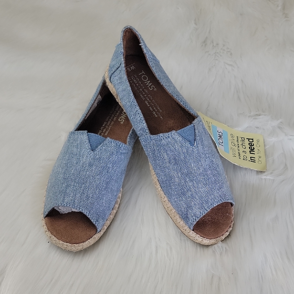 TOMS Alpargata Chambray Open Toe Blue Slip On Boho Nautical Flat Espadrilles NeW
